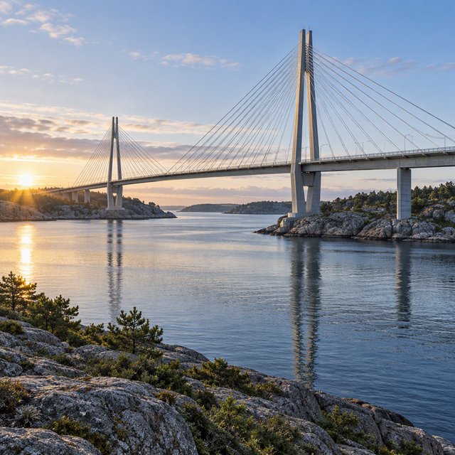 Across a sheltered coastal inlet, a contemporary high-tech cable-stayed bridge spans between granite shores, its slender steel pylons and pale concrete deck catching cool sunrise light; viewed from a rocky bank, straight lines and credible engineering define the scene. — GPT Image 2.5 Sunburst