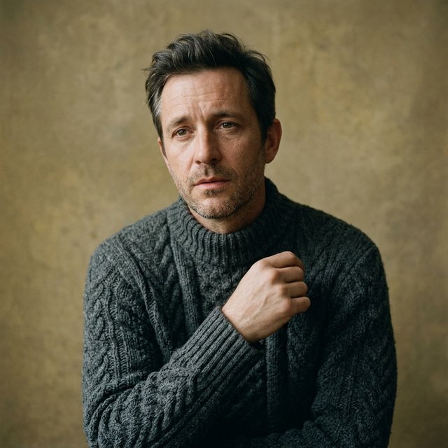 Editorial portrait of an adult man in his early 40s wearing a charcoal wool fisherman’s sweater, one hand loosely holding its ribbed cuff. His thoughtful, slightly tired expression rests against a muted ochre studio backdrop, shaped by gentle directional window light. — Nano Banana 2.1