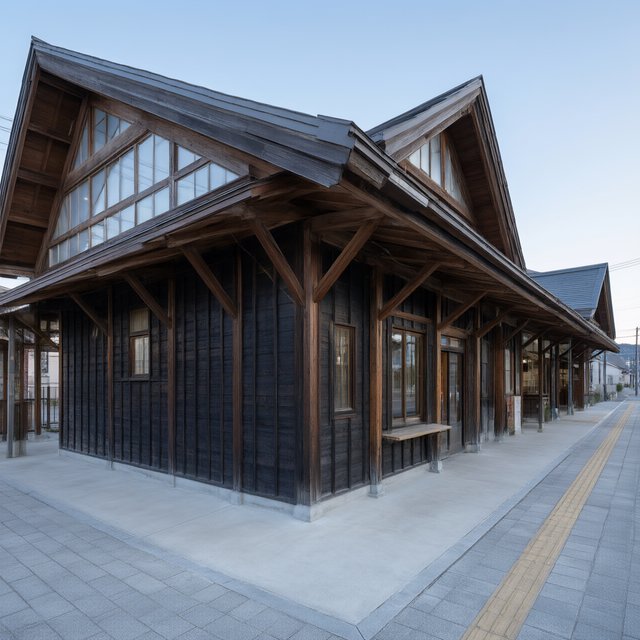 Contemporary Japanese timber train station, charred cedar cladding, pale concrete platform, broad pitched roof with exposed beams and translucent clerestories, cool morning light, viewed obliquely from the quiet approach plaza, precise straight lines and plausible structure. — Qwen Image 3.0
