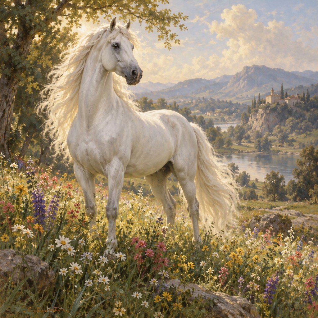 a regal white horse with a flowing mane, standing in a sun-dappled meadow filled with vibrant wildflowers. Gentle light illuminates the scene, highlighting the horse's powerful physique and the delicate details of the flowers. The style is reminiscent of Romantic era landscape paintings with a soft, impressionistic touch. — GPT Image 2.5 Sunburst