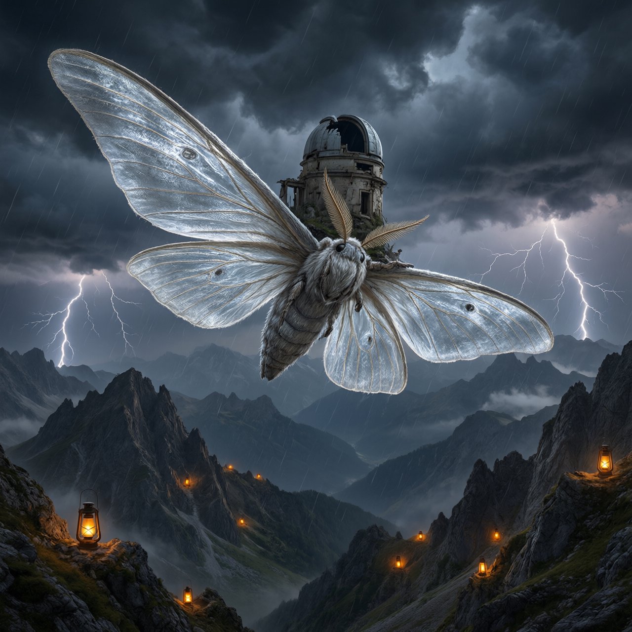 A colossal moon-moth creature glides above a stormy mountain range, its translucent wings glowing with silver veins and carrying a ruined observatory on its back. Lightning silhouettes distant peaks while amber lanterns shimmer through rain and cloud. — Qwen Image 3.0 Pro