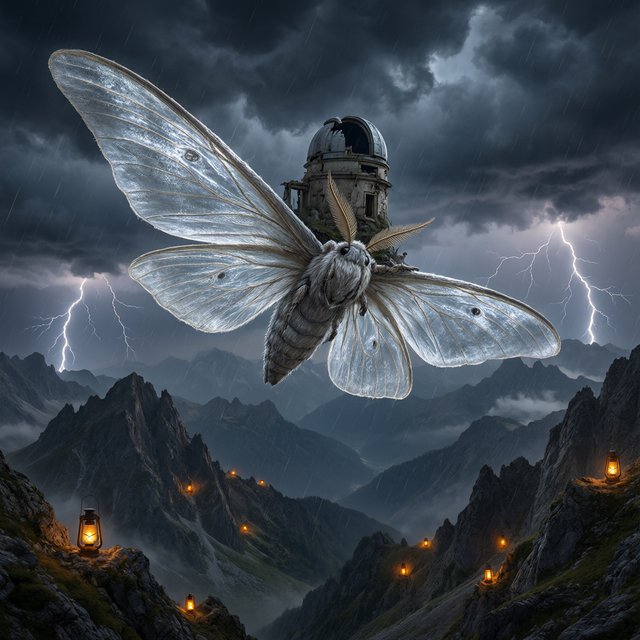 A colossal moon-moth creature glides above a stormy mountain range, its translucent wings glowing with silver veins and carrying a ruined observatory on its back. Lightning silhouettes distant peaks while amber lanterns shimmer through rain and cloud. — Qwen Image 3.0 Pro