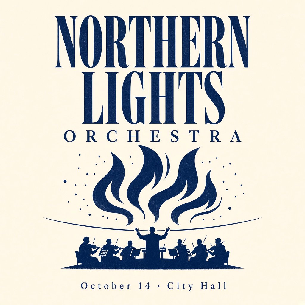 A minimalist concert poster with the words "NORTHERN LIGHTS ORCHESTRA" large at the top and "October 14 · City Hall" small at the bottom, two-colour print. — Grok Imagine Image 2
