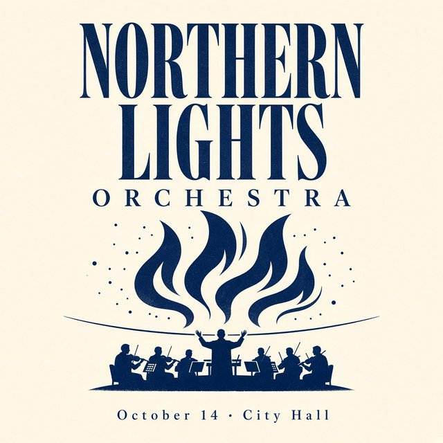 A minimalist concert poster with the words "NORTHERN LIGHTS ORCHESTRA" large at the top and "October 14 · City Hall" small at the bottom, two-colour print. — Grok Imagine Image 2