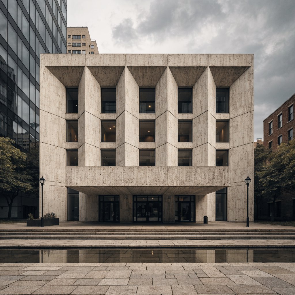 Exterior of a compact brutalist art museum, pale board-formed concrete, deep rectangular window recesses, a broad cantilevered entrance canopy, low reflecting pool, overcast afternoon light, viewed from a quiet plaza at eye level, crisp orthogonal architectural photography. — Recraft v4
