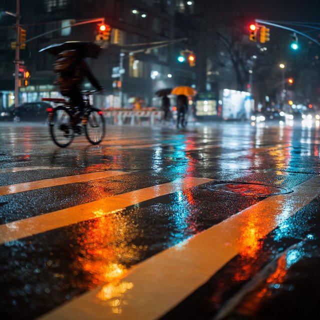 A rain-soaked city crosswalk at night seen from across the street, umbrellas, reflections of traffic lights on wet asphalt, slight motion blur on a passing cyclist. — Midjourney v7