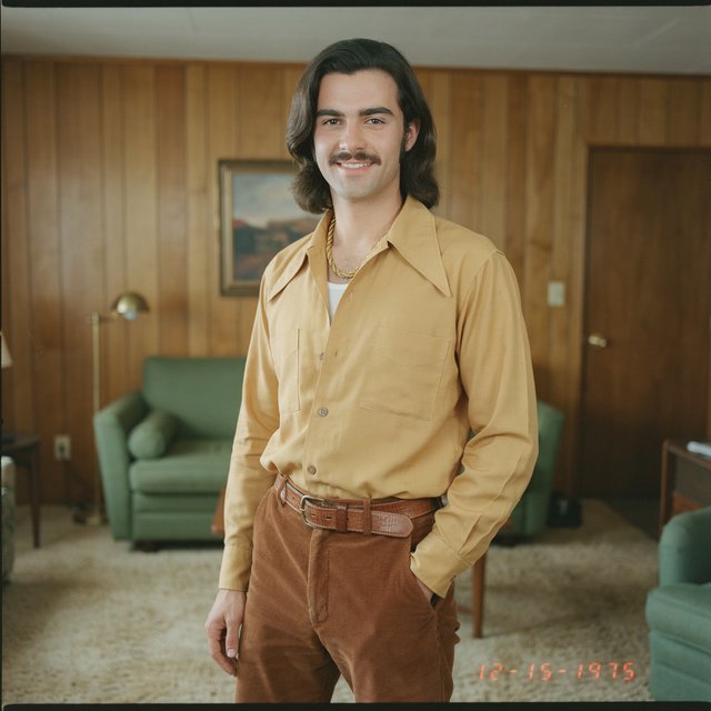 Create an image of a man in the quintessential style of 1975. Style his hair, clothing, accessories, and surroundings to reflect the distinctive look of the mid-1970s—featuring bold silhouettes, eye-catching accessories, layered details, and characteristic colors and textures. Give the image the feel of an authentic 1975 photograph, complete with analog film grain, faded colors, direct flash lighting, and a slight soft-focus effect. Add a period-accurate, red-orange date stamp in a 1970s style in one of the bottom corners. No recognizable posters. No modern objects or text. — Ideogram v4.5