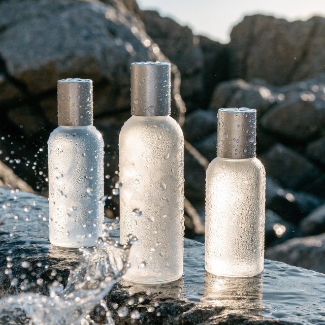 Three frosted glass skincare bottles on a wet stone surface with a splash of water, morning light, shallow depth of field. — Recraft v4