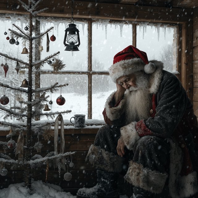 A melancholic, somewhat disheveled Santa Claus in a worn, dirty coat. He sits in his cabin at the North Pole next to a desolate, needleless Christmas tree, its decorations hanging only sporadically. The aura radiates a quiet despair. — Recraft v4 Pro