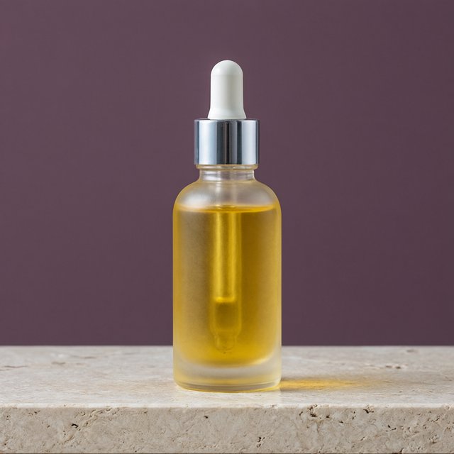 Under a broad diffused key and cool edge light, an unbranded frosted-glass serum bottle displays clear golden oil against a muted plum background, resting on honed pale travertine with its blank surface free of lettering. — Qwen Image 3.0 Pro