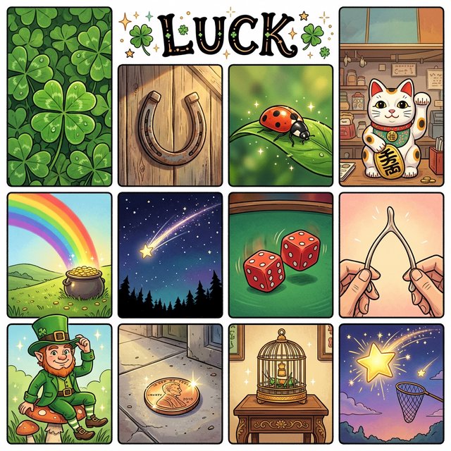 Many panels. Each panel represents an item, thing, creature, or scene that represents Luck. The word "Luck" appears at least once in the image. Be as creative as possible. — Nano Banana 2.1