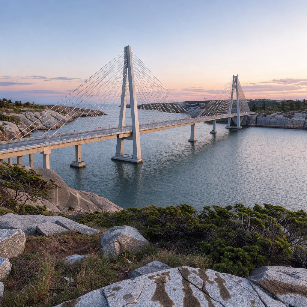 Across a sheltered coastal inlet, a contemporary high-tech cable-stayed bridge spans between granite shores, its slender steel pylons and pale concrete deck catching cool sunrise light; viewed from a rocky bank, straight lines and credible engineering define the scene. — FLUX 3 Image Klein