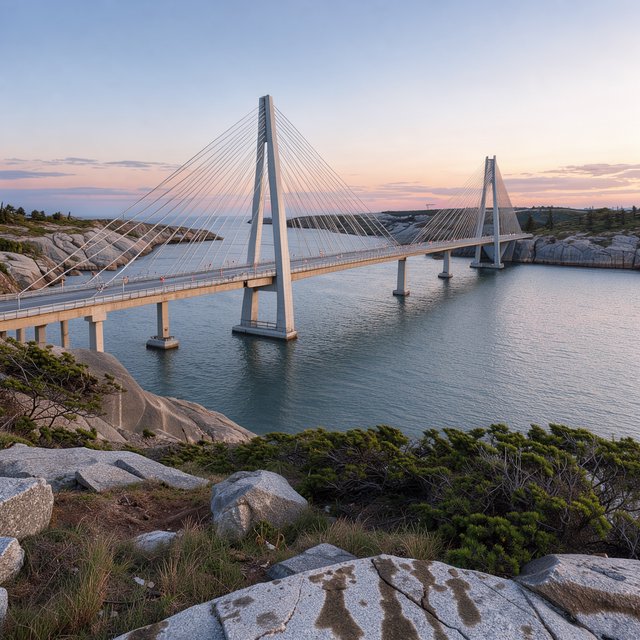 Across a sheltered coastal inlet, a contemporary high-tech cable-stayed bridge spans between granite shores, its slender steel pylons and pale concrete deck catching cool sunrise light; viewed from a rocky bank, straight lines and credible engineering define the scene. — FLUX 3 Image Klein