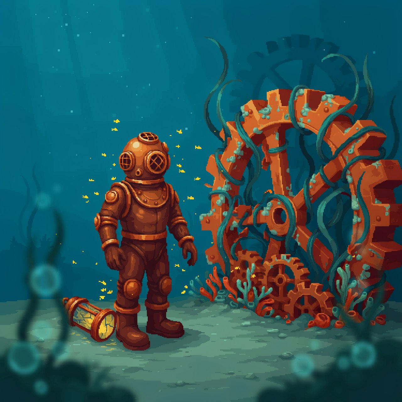 A brass-suited adult diver explores a submerged clockwork garden, where kelp curls around sunken gears and tiny fish glow in the dark; pixel art illustration, palette of teal, copper, midnight blue, and lemon yellow. — Ideogram v4