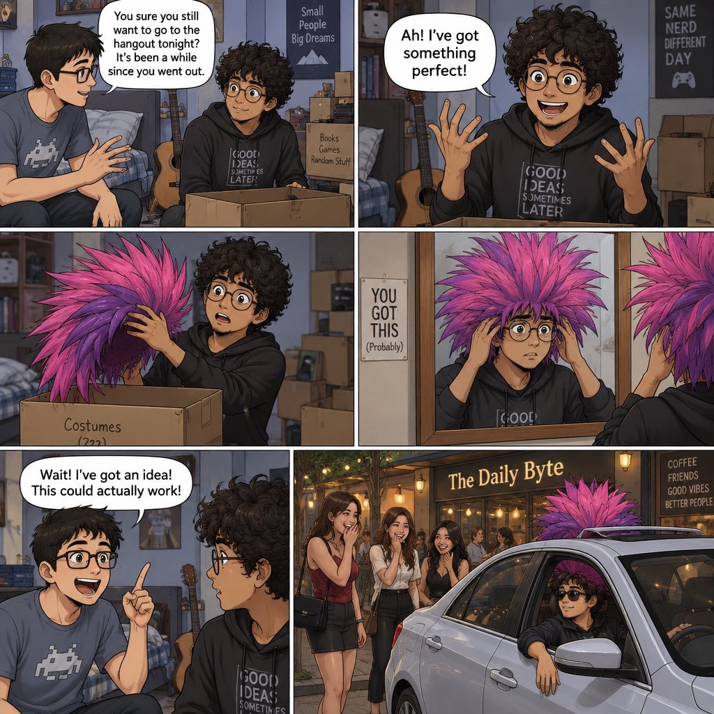 A three-row, six-panel sequence. Panel 1: A short-haired, nerdy man is talking to his friend Babu, another nerd with curly hair and round-frame glasses. They are both 20. Babu's room has a guitar and boxes full of things. Panel 2: Babu is exclaiming to his friend, saying something! Middle row, panel 3: Babu brings a spiky Mohican wig, pink to purple in color, out of one of his boxes. But it is oddly big. Panel 4: Babu stands in front of a wall mirror wearing the spiky wig—it is oddly very big! He looks concerned. Bottom row, panel 5: Babu's nerdy friend exclaims something to him, as if he has had an idea. Bottom row, panel 6: Babu is in a right-hand-drive sedan with a sunroof. Half of the spiky hair on his wig sticks out through the sunroof. The car is parked in front of a neighborhood hangout. Babu is looking out of the window, with one hand out of it. He wears sunglasses, trying to look cool. Several pretty adult women his age are giggling at him. — GPT Image 2.5 Sunburst