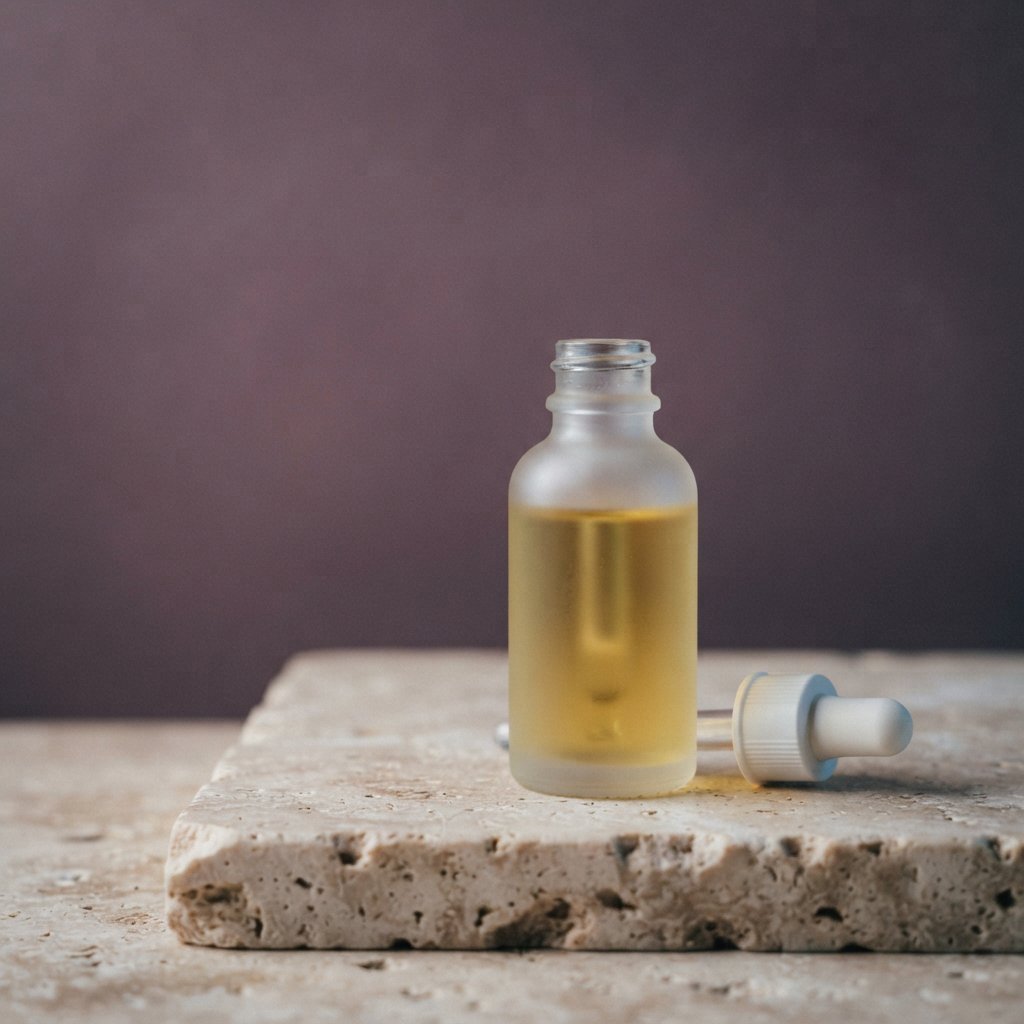 Under a broad diffused key and cool edge light, an unbranded frosted-glass serum bottle displays clear golden oil against a muted plum background, resting on honed pale travertine with its blank surface free of lettering. — Nano Banana 2 Lite