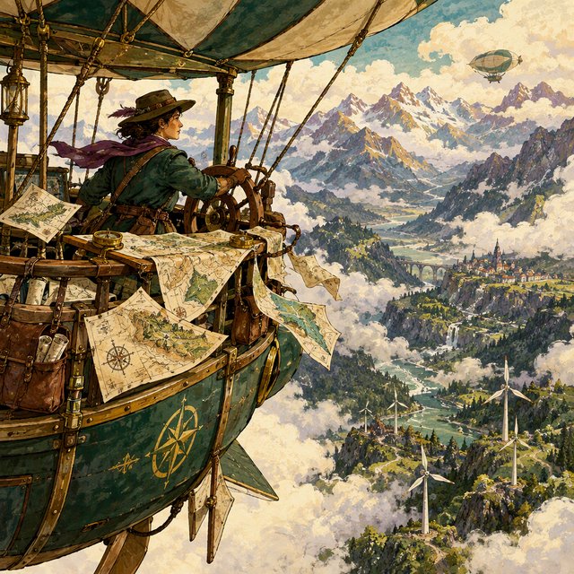 Ink-and-gouache illustration of an adult cartographer steering a small airship above a cloud-filled mountain valley, maps fluttering from the cabin and wind turbines turning below. Palette of emerald, ochre, plum, and cream, with lively linework and atmospheric washes. — GPT Image 2.5 Flare