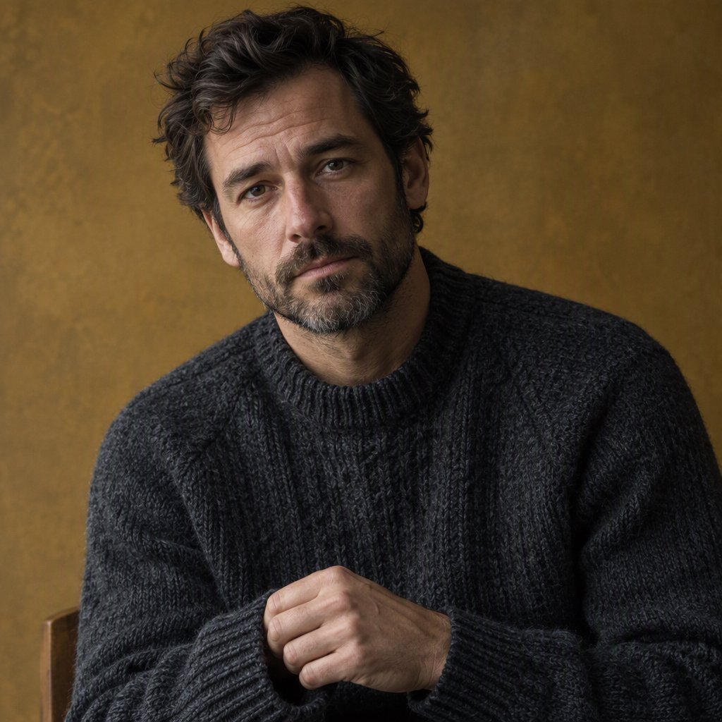 Editorial portrait of an adult man in his early 40s wearing a charcoal wool fisherman’s sweater, one hand loosely holding its ribbed cuff. His thoughtful, slightly tired expression rests against a muted ochre studio backdrop, shaped by gentle directional window light. — GPT Image 2.5 Flare