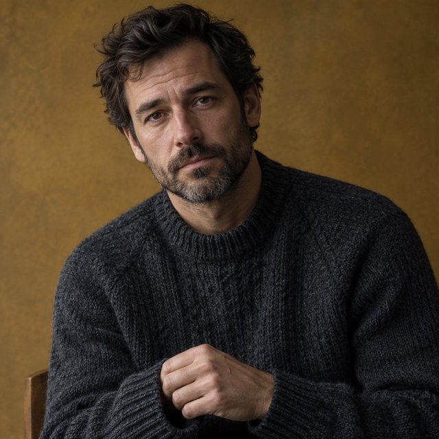 Editorial portrait of an adult man in his early 40s wearing a charcoal wool fisherman’s sweater, one hand loosely holding its ribbed cuff. His thoughtful, slightly tired expression rests against a muted ochre studio backdrop, shaped by gentle directional window light. — GPT Image 2.5 Flare