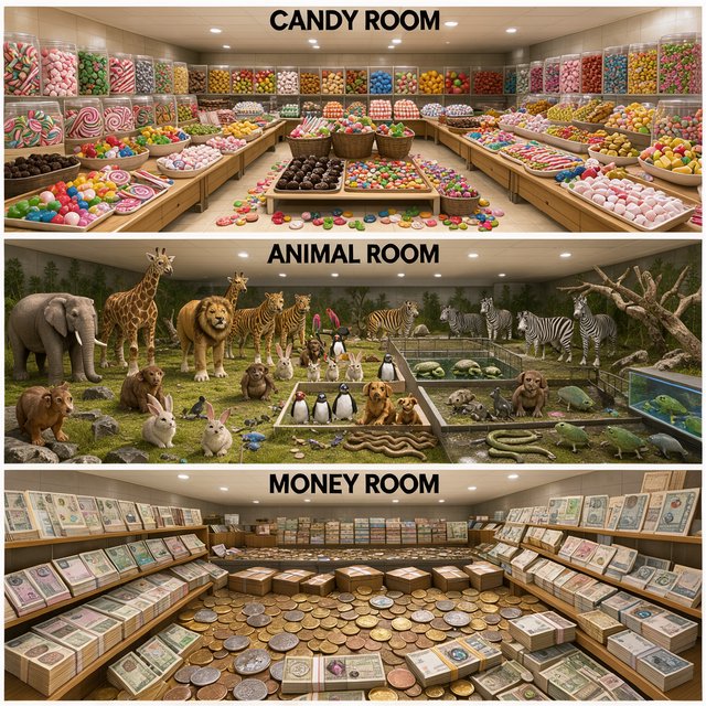 Realistic. Three scenes in one. 1) A room filled with many types of candy. 2) A room filled with many kinds of animals. 3) A room filled with all kinds of money. Above each room, a list names what is inside. — FLUX 3 Image Klein