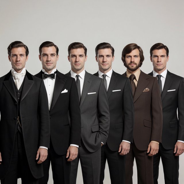 A realistic image only, showing nice outfits worn by adult men from at least 4–6 different eras. Mention the time range for each era. — Krea 2 Medium