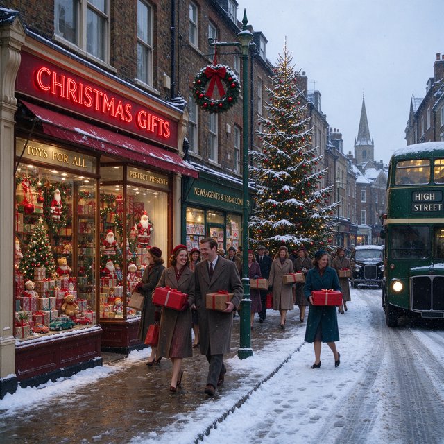 A UK High Street in the 1950s at Christmas time. The roads are covered in snow. The shop windows are decked out for Christmas and the happy adult shoppers are loaded up with gifts for loved ones. The mood is bright and Christmassy. — Model 19
