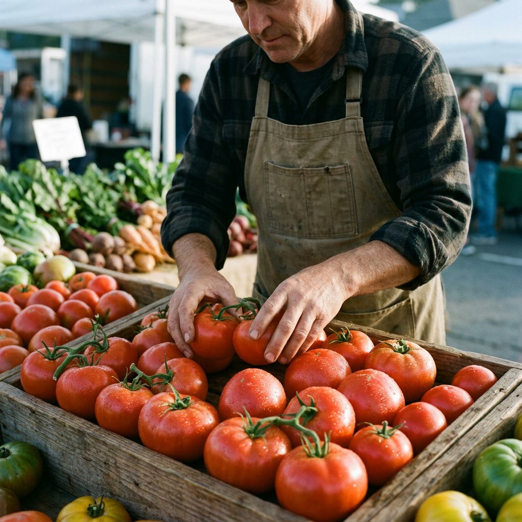 Candid documentary photograph of an adult market vendor arranging ripe tomatoes at an outdoor produce stall, cool early-morning side light, 50mm lens with shallow depth of field, condensation droplets beading on the tomato skins. — Nano Banana 2.1