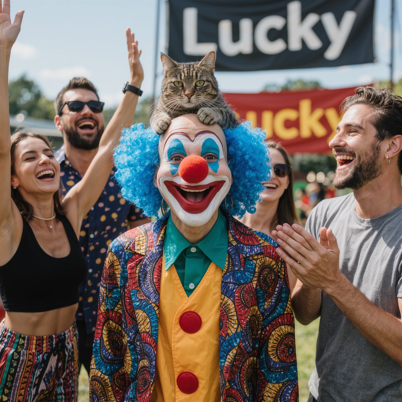 Realistic. Four to five adults having a very lucky day. One of the people is a clown with a very strange cat on their head. Another is wearing a black crop top and multicolored shorts. The word “Lucky” is seen at least twice in the background. — Kling v3 Omni