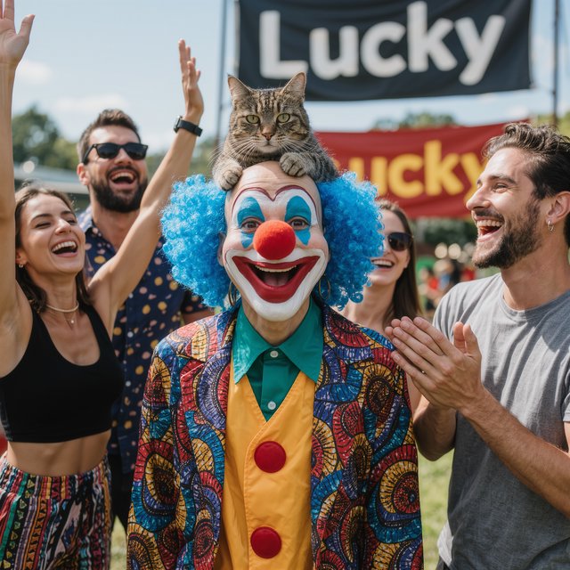 Realistic. Four to five adults having a very lucky day. One of the people is a clown with a very strange cat on their head. Another is wearing a black crop top and multicolored shorts. The word “Lucky” is seen at least twice in the background. — Kling v3 Omni