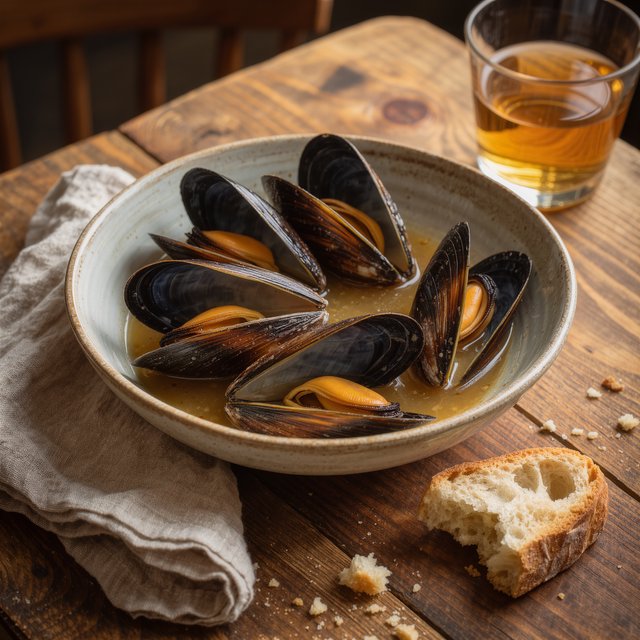 Beside a rumpled linen napkin, an in-progress supper shows a shallow bowl of mussels, torn bread, and a half-full glass on a wooden table. A natural-light dining snapshot, shot at 50mm with shallow depth of field, catches crumbs and glossy broth. — Kling v3 Omni