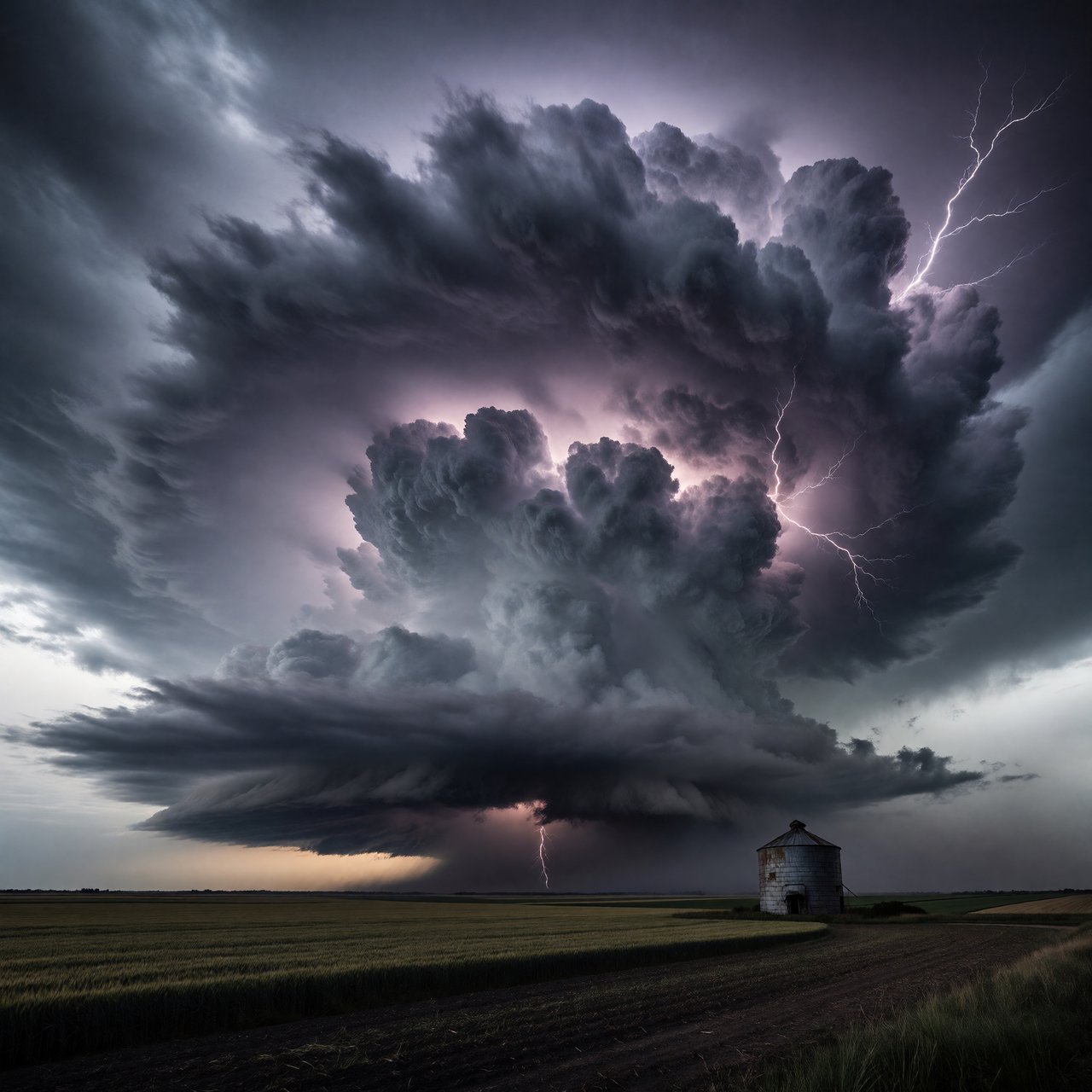 A supercell thunderstorm over flat farmland, lightning inside the cloud, a lone grain silo, dramatic but realistic. — ImagineArt 1.5 Pro
