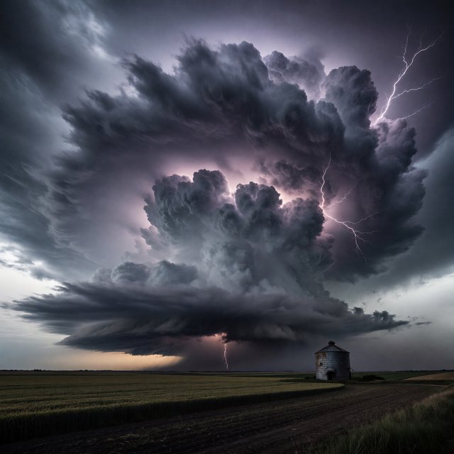 A supercell thunderstorm over flat farmland, lightning inside the cloud, a lone grain silo, dramatic but realistic. — ImagineArt 1.5 Pro