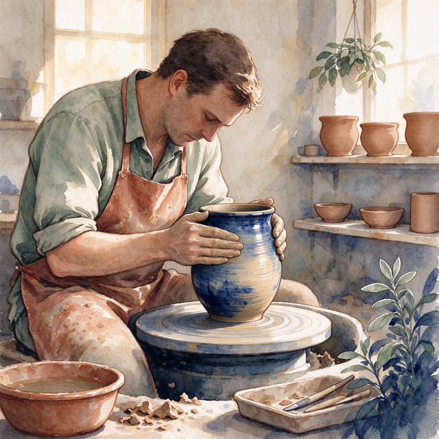Watercolour illustration of an adult ceramicist shaping a blue-glazed vessel in a sunlit workshop, shelves of unfinished pottery and leafy plants softened by loose brushwork. Palette of terracotta, indigo, warm cream, and sage. — Seedream 5.0 Flash