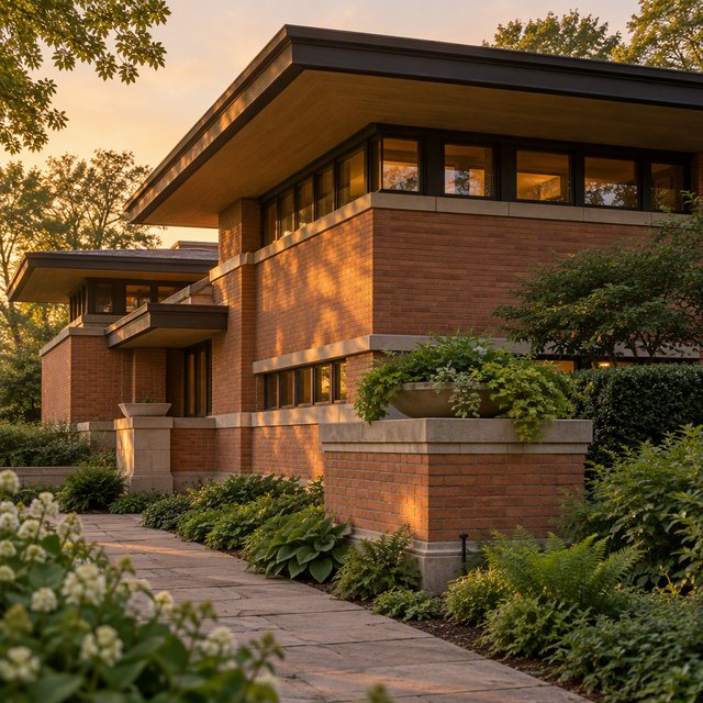 Exterior of a Prairie School residence with broad overhanging eaves, warm brick, limestone courses, and ribbon windows; amber evening light grazes the facade, viewed obliquely from a garden path, with disciplined horizontal lines and credible structure. — GPT Image 2.5 Sunburst