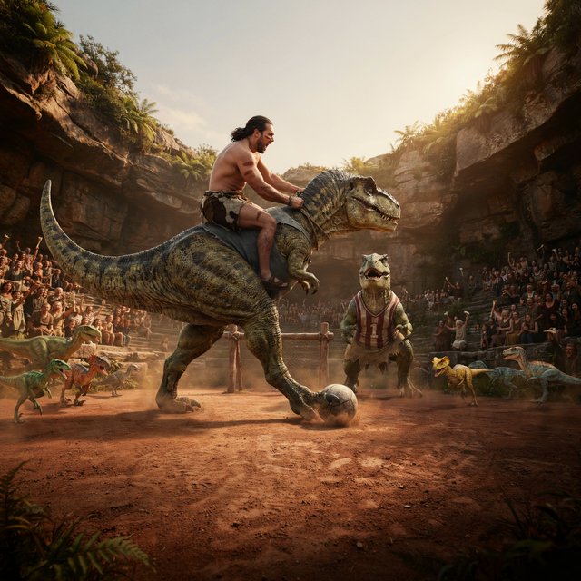 Wide shot of a golden-hour prehistoric football match, photorealistic, cinematic. A weathered, muscular adult caveman with ochre face paint sits upright on a plump medium T-Rex's back, gripping a braided leather leash. The mounted T-Rex strains mid-kick, wearing a tiny faded grey cotton T-shirt riding up over its scaled shoulders and frayed athletic shorts bunched at its hips, one massive clawed foot cocked back behind a pockmarked 3ft stone football. A weathered timber goalpost stands 20 yards ahead; the opposing T-Rex goalie hunches ready in a sleeveless striped jersey #1 and grass-stained shorts, claws dug into dusty red earth. Sunlit bleachers line the natural rock arena: cheering adult cave families wave bone flags, assorted small dinosaurs bounce and roar along the sidelines, warm late-afternoon light gilds fern fronds and dinosaur scales, soft long shadows stretch across the playing field, playful triumphant atmosphere, sharp focus on the kicking T-Rex, shallow depth of field on spectators. — Ideogram v4.5