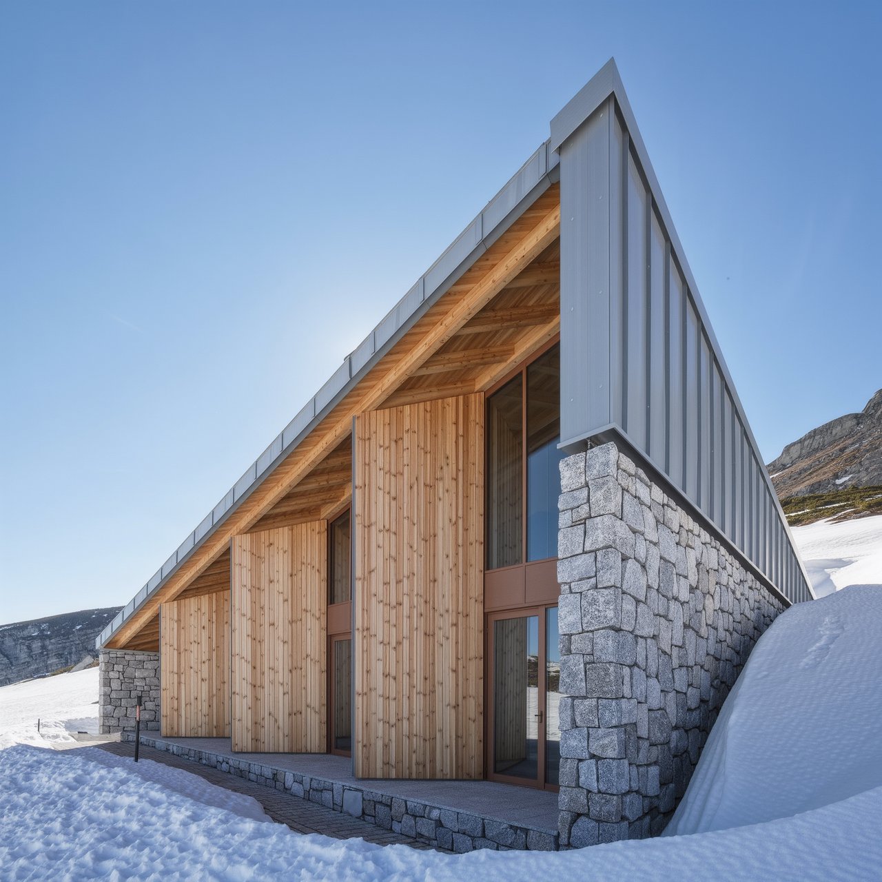 Exterior of a contemporary alpine research lodge in restrained regional modernism, rough granite walls, larch screens, steep standing-seam roof, crisp snow-bright morning light, viewed from below across a mountain footpath, sound structural geometry. — Kling v3 Omni