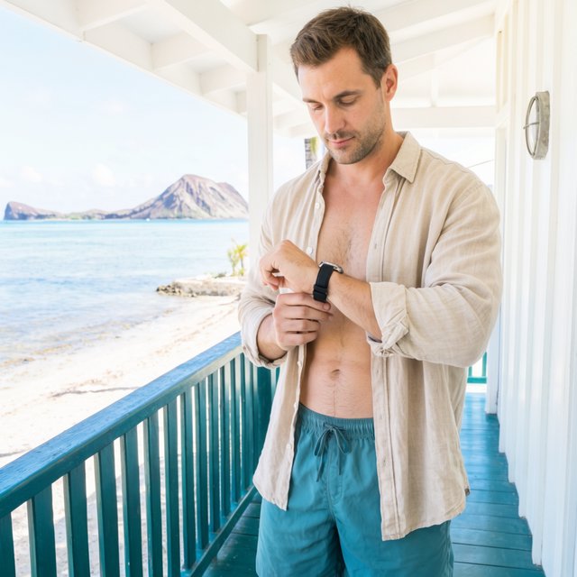 At a sunlit island veranda, an adult man in teal swim shorts and a sand-colored linen shirt is caught fastening his watch, crisp noon light and relaxed tailoring lending fashion-magazine polish. — Krea 2 Large
