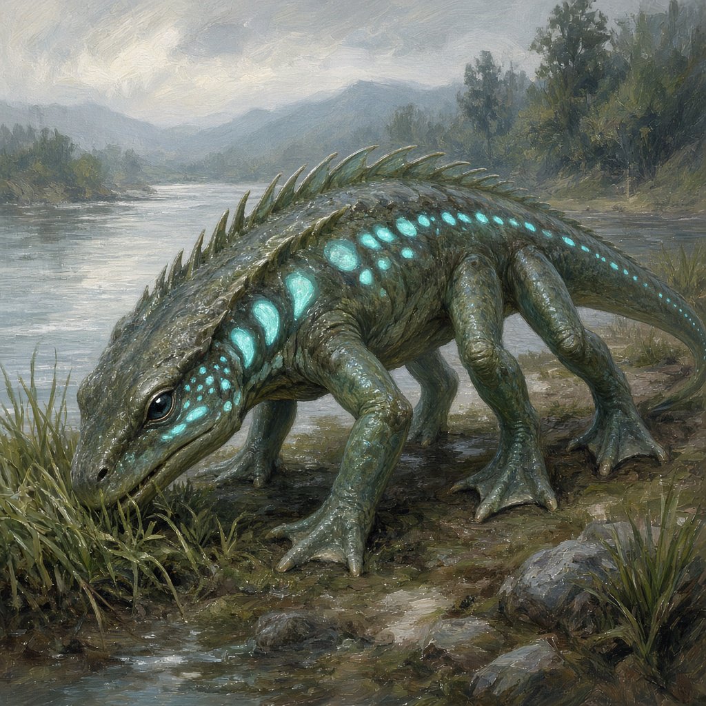 Creature design: a six-legged amphibious grazer with bioluminescent markings, shown on a riverbank, painterly. — Grok Imagine Image 2