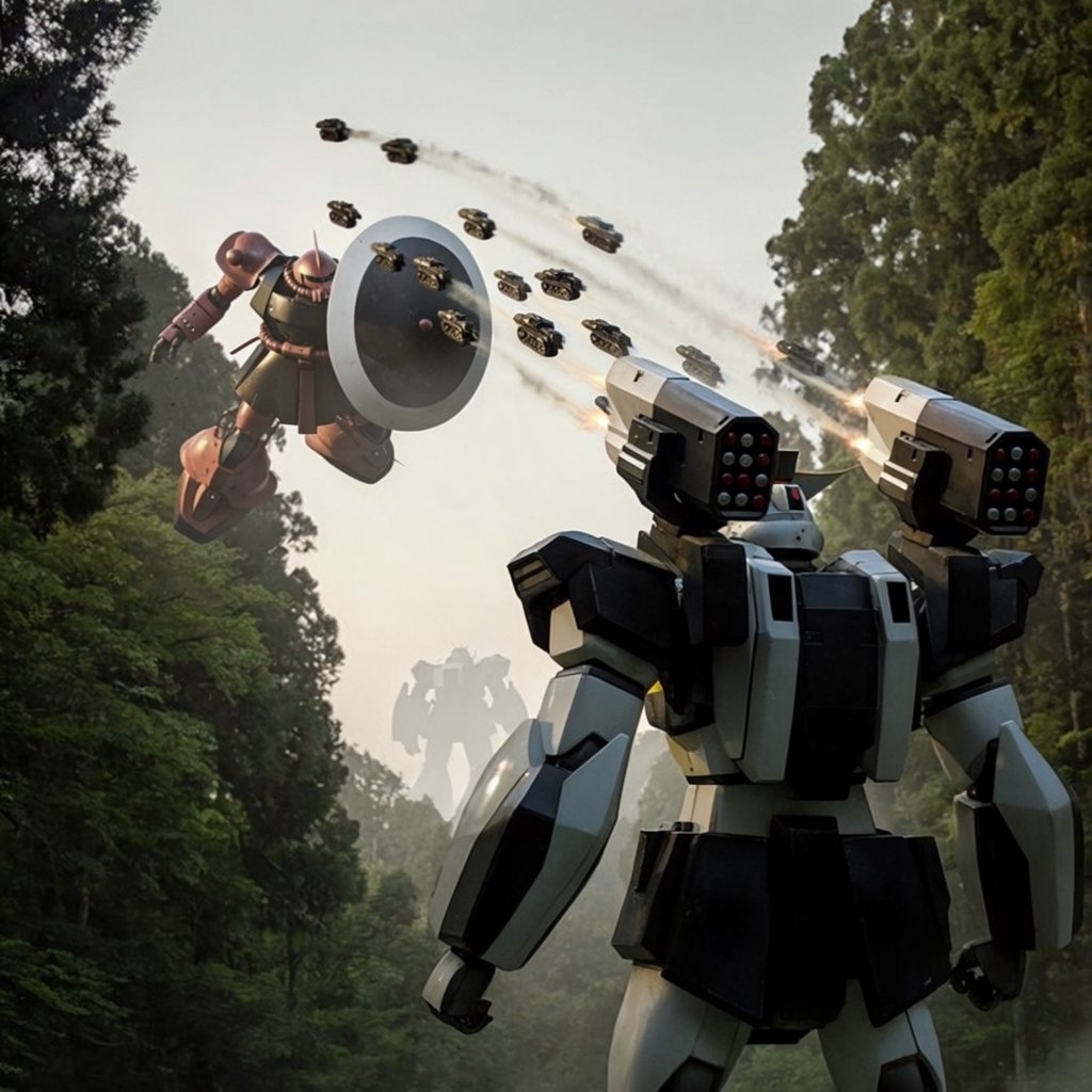 A dramatic cinematic scene of a towering 20-meter futuristic mecha standing in a dense forest, viewed from behind as the main focus. Its design is sleek, angular, and elegant, with a classic retro-futurist Japanese mecha aesthetic. Shoulder missile pods fire a volley of missiles toward an enemy mecha of a different but similarly styled design. The enemy mecha hovers in the air ahead, blocking the incoming missiles with a large arm-mounted energy shield. Dynamic action, smoke trails, forest scale, and intense battle atmosphere. — Krea 2 Large