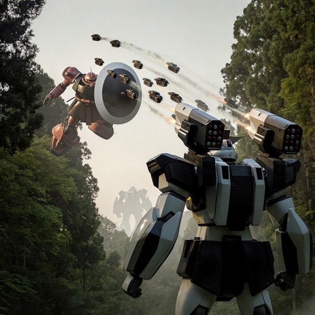 A dramatic cinematic scene of a towering 20-meter futuristic mecha standing in a dense forest, viewed from behind as the main focus. Its design is sleek, angular, and elegant, with a classic retro-futurist Japanese mecha aesthetic. Shoulder missile pods fire a volley of missiles toward an enemy mecha of a different but similarly styled design. The enemy mecha hovers in the air ahead, blocking the incoming missiles with a large arm-mounted energy shield. Dynamic action, smoke trails, forest scale, and intense battle atmosphere. — Krea 2 Large