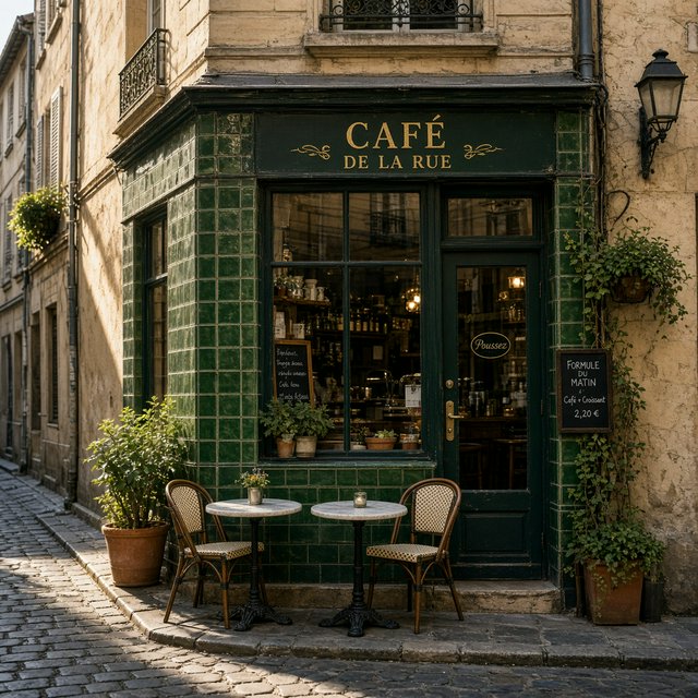 A tiny corner café in a narrow European street, green tiled facade, two bistro tables, morning light, no people. — Grok Imagine Image 2