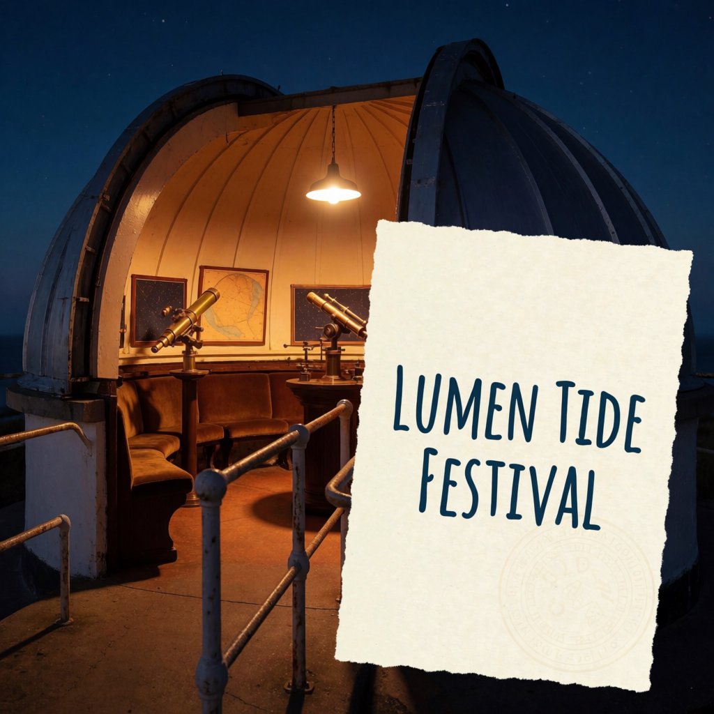 At a restored seaside observatory, a twilight meteor-watching event fills the domed hall with brass instruments, star charts, and velvet benches; "LUMEN TIDE FESTIVAL" is hand-printed in deep blue ink across a cream paper announcement beside the entrance. — Krea 2 Medium