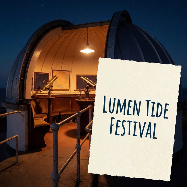 At a restored seaside observatory, a twilight meteor-watching event fills the domed hall with brass instruments, star charts, and velvet benches; "LUMEN TIDE FESTIVAL" is hand-printed in deep blue ink across a cream paper announcement beside the entrance. — Krea 2 Medium