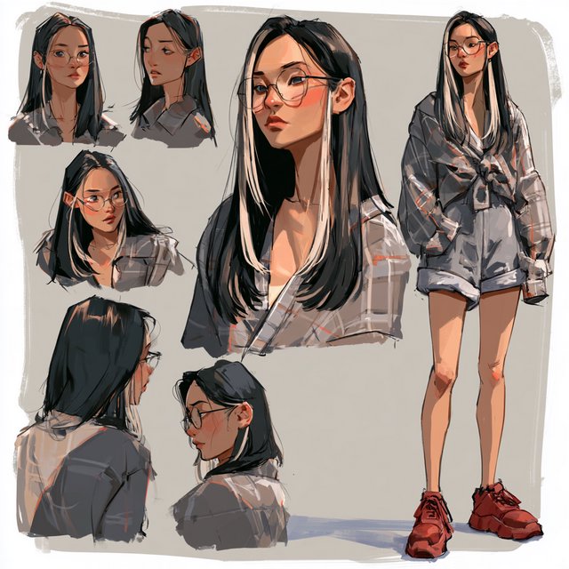 Character exploration sheet of the same woman: several bust and waist-up studies with varied expressions and 3/4 views, including one from behind, glancing over her shoulder at the viewer; one larger central portrait; and one full-length figure at the side, spanning the image height. Plain light-gray background with irregular painted edges. Character: 25-year-old Korean woman with long straight black hair and two platinum face-framing streaks from roots to ends, glasses, tipped almond eyes, Asian skin tone, plaid button-up tied at the waist, cuffed denim shorts, chunky red sneakers. Style: stylized semi-realistic digital painting; animation-inspired proportions, large eyes, strong brows, simplified but solid anatomy, painterly shape-based rendering, minimal linework, soft facial shading, angular clothing brushwork, warm luminous skin with peach/terracotta undertones and rosy cheeks/nose, sculpted hair, muted charcoal/earth palette, soft studio light, loose unfinished edges. — Model 13