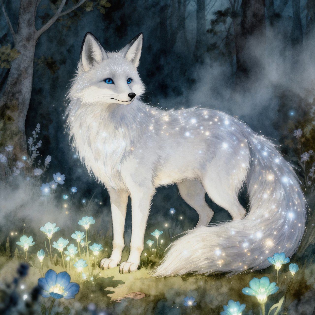 A majestic fox with fur like spun moonlight, standing in a clearing bathed in ethereal light. Bioluminescent flowers bloom around its paws, casting a soft, otherworldly glow. The scene is rendered in a detailed watercolor illustration style, with delicate brushstrokes and a muted, mystical color palette. Cinematic lighting emphasizes the magical ambiance. — Kling v3 Omni