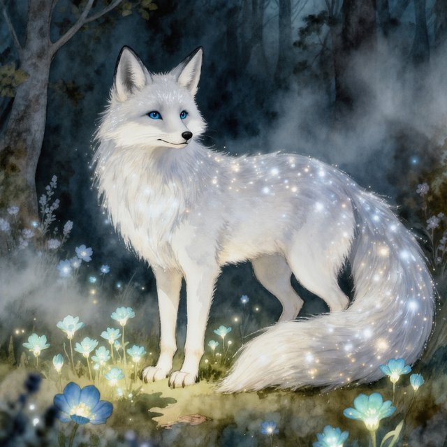 A majestic fox with fur like spun moonlight, standing in a clearing bathed in ethereal light. Bioluminescent flowers bloom around its paws, casting a soft, otherworldly glow. The scene is rendered in a detailed watercolor illustration style, with delicate brushstrokes and a muted, mystical color palette. Cinematic lighting emphasizes the magical ambiance. — Model 10