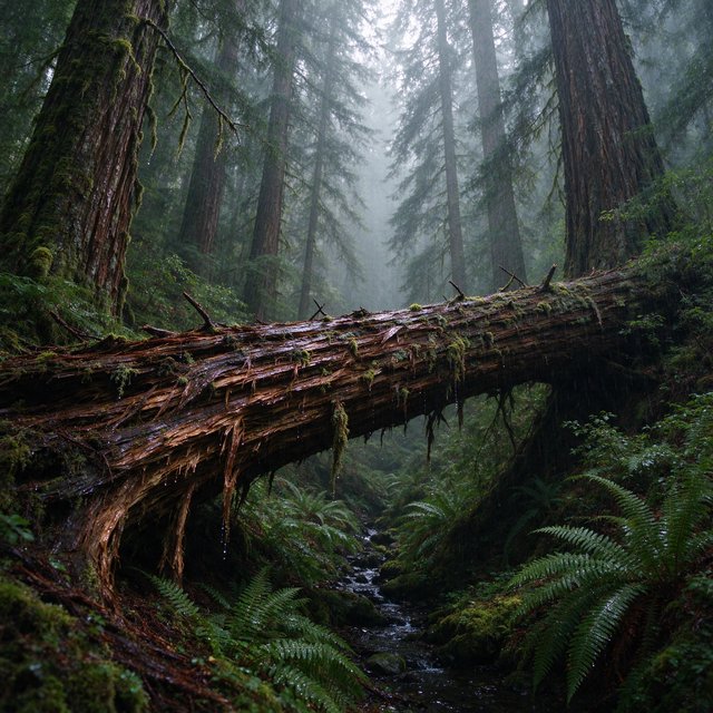 Between cedar trunks, a moss-covered fallen giant bridges a fern-filled ravine in steady dawn drizzle; shredded bark, rain-dark lichen, and tiny rivulets stand crisp nearby while successive trees dissolve into green mist. — Seedream 5.0 Flash