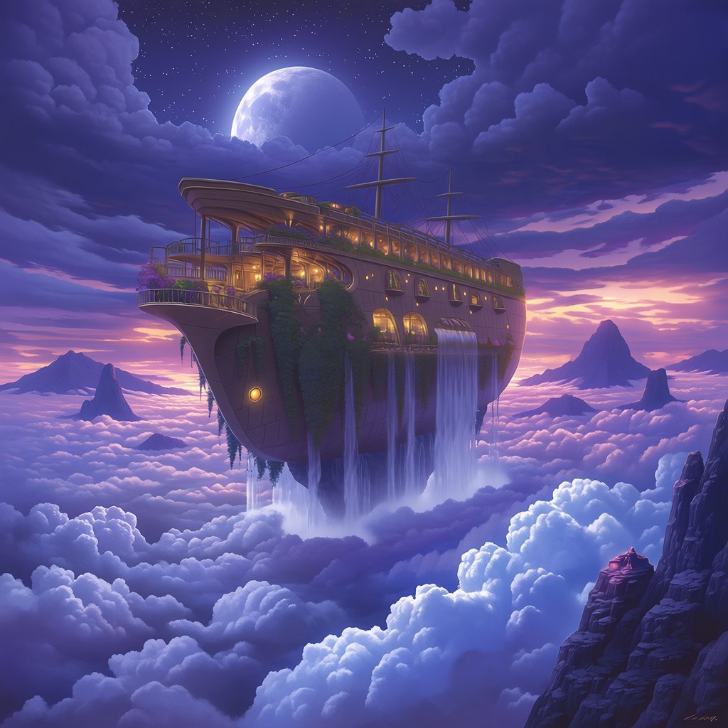 A colossal floating archive-ship drifts above storm clouds, its bronze hull wrapped in hanging gardens and luminous windows, while waterfalls spill into the sky. Distant mountain peaks pierce the cloud sea beneath a violet sunset and cold silver moonlight. — Midjourney Niji 7