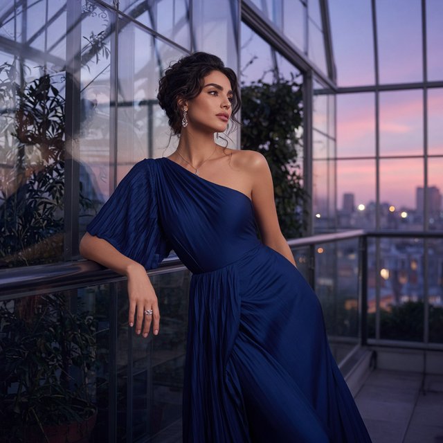 Editorial glamour photograph of one adult woman in a sapphire one-shoulder evening gown, leaning naturally against a rooftop conservatory railing at dusk, flattering lavender light, glass reflections, composed expression, elegant fashion-magazine atmosphere. — Grok Imagine Image 2