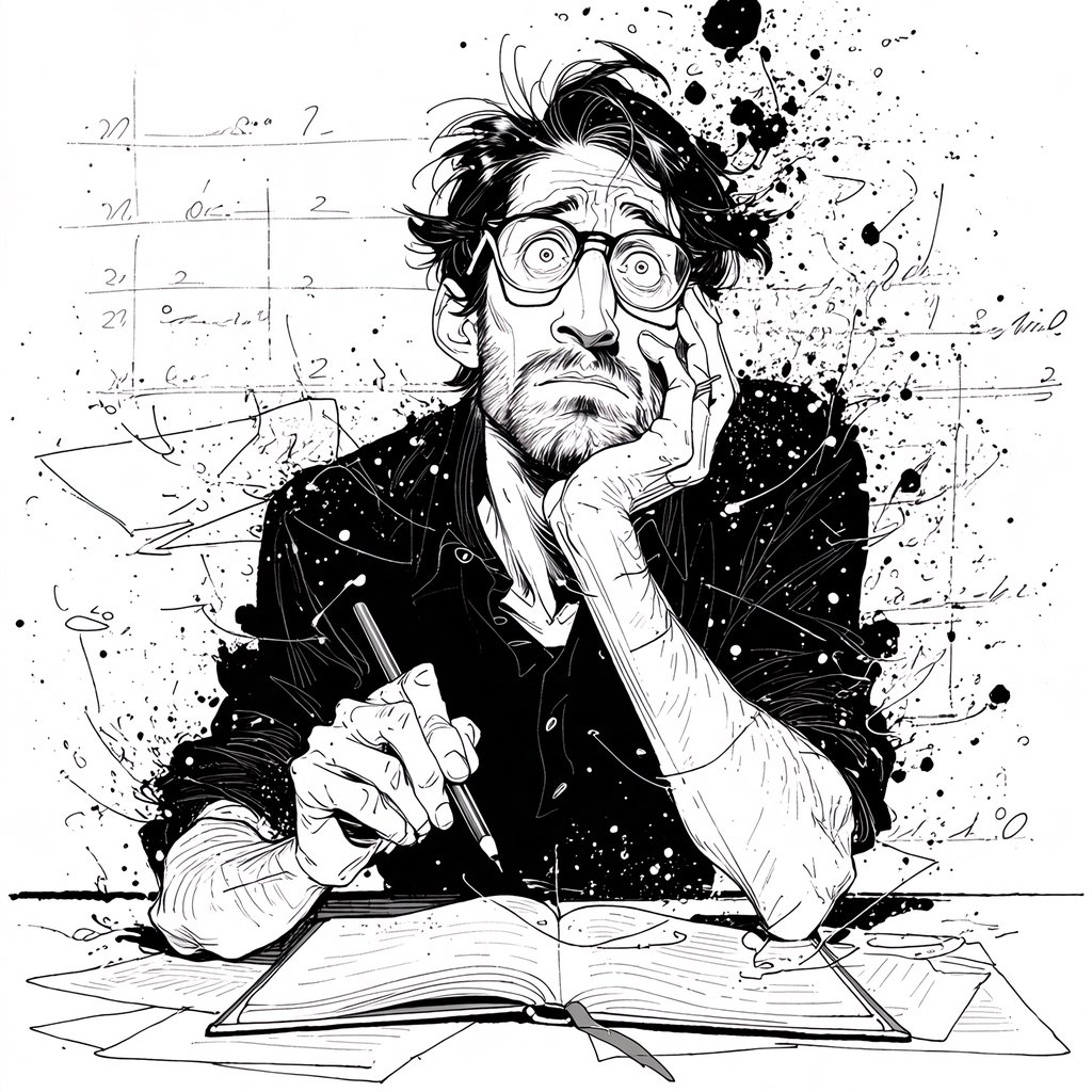 Energetic ink splattering + bold caricature contours + precise tonal modeling, where energetic ink splattering creates chaotic surface energy through varied line weight and ink blots, bold caricature contours produce simplified forms via thick and thin ink outlines, and precise tonal modeling infuses fine parallel line hatching. The fusion manifests as layered hatching within loose expressive marks, transforming any subject through rapid ink application over fine parallel lines. A man with glasses, messy black hair, a short beard and a dark shirt. Medium close-up at eye level, the man seated at a desk leaning forward with wide eyes and a concerned expression, holding a pencil in his right hand while resting his left hand against his cheek, an open book and papers on the desk in front of him. Scene set at a cluttered desk in a workspace, with scattered papers, an open book and mathematical equations drawn on the wall behind. — Midjourney Niji 7
